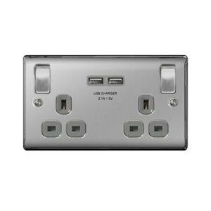 SOCKET 2GANG USB BRUSHED STEEL